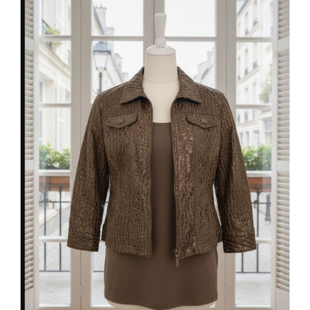 Ruby Rd Petite Faux Reptile Leather Look Front Zipper Short Jacket Brown 14P